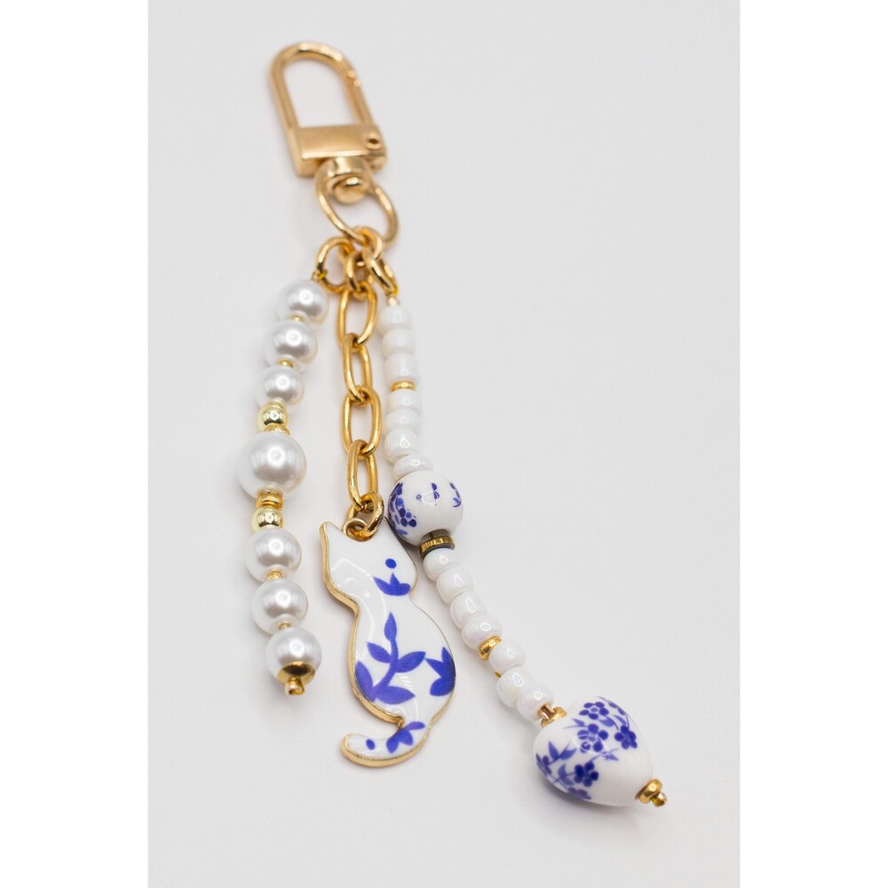 Blue White Cat Pearl Beaded Keychain Bag Charm Holder - Picture 3 of 11